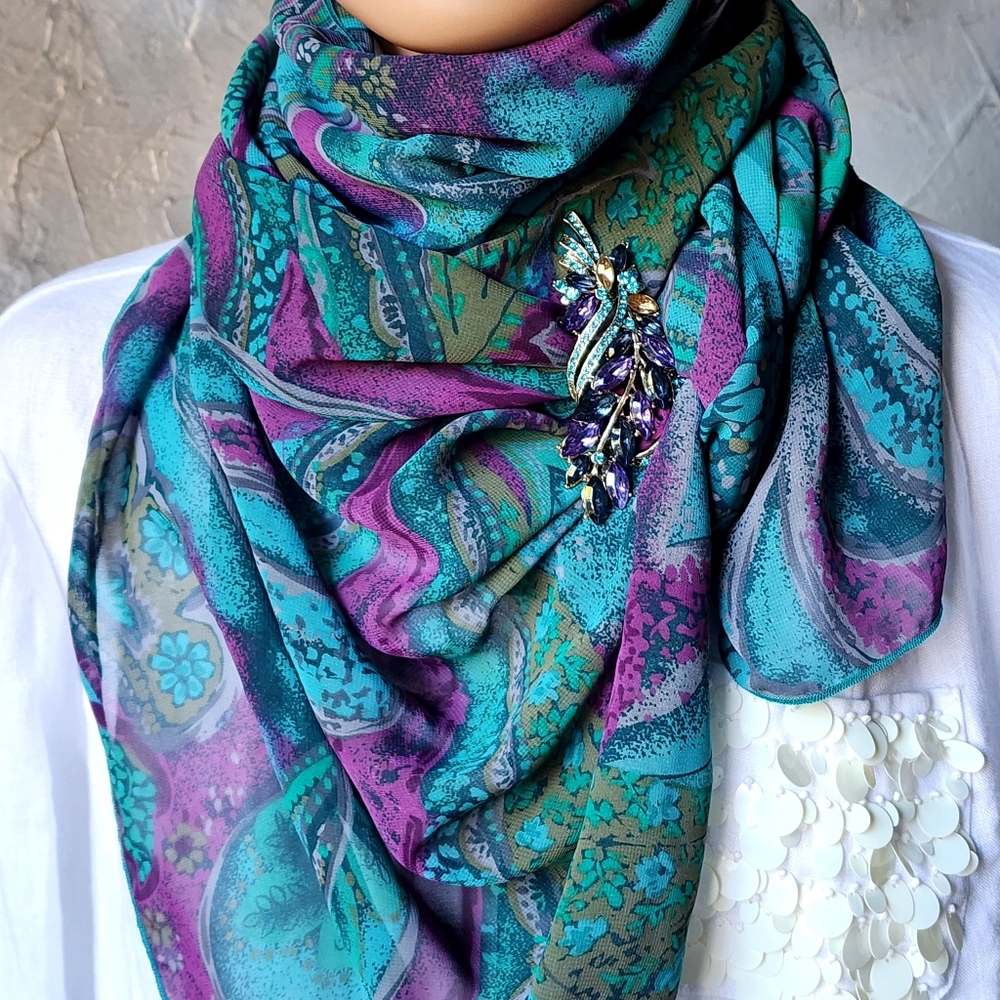 Designer Blue Purple Violet Scarf Silk/Viscose Bow Jabot Paisley Big Brooch - Picture 3 of 17
